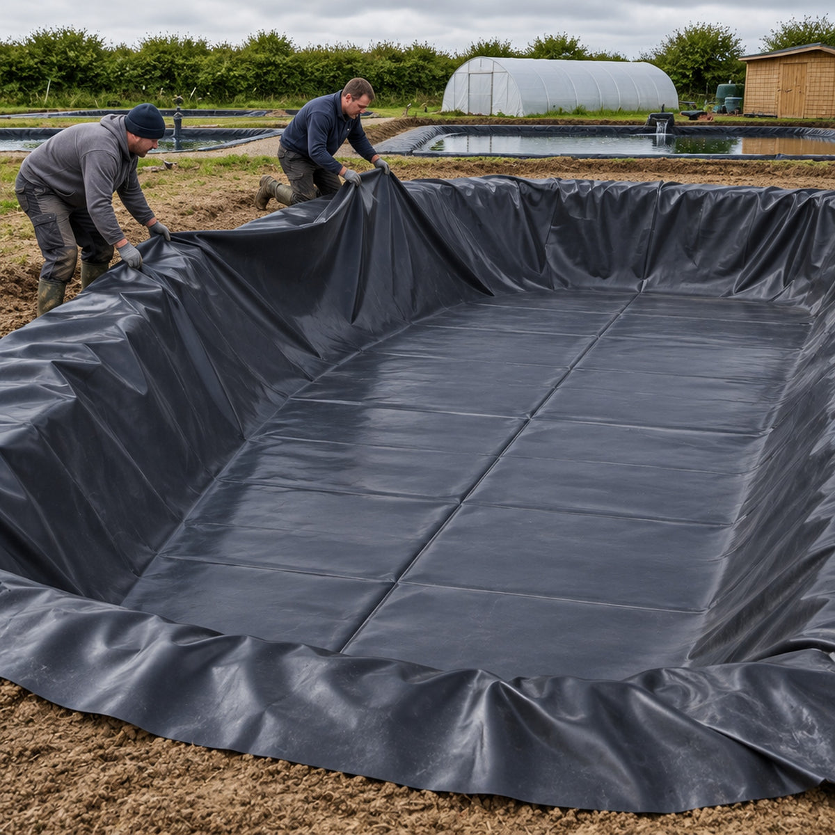 Two contractors pulling a black HDPE pond liner into a new rectangular grow-on pond at a koi farm