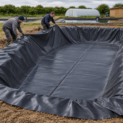 Two contractors pulling a black HDPE pond liner into a new rectangular grow-on pond at a koi farm