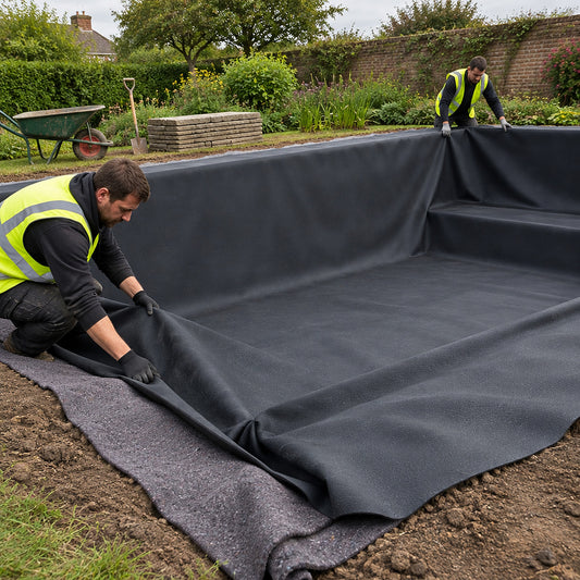 Landscapers laying a 1.0mm black EPDM pond liner over grey 200gsm underlay in a new koi pond excavation