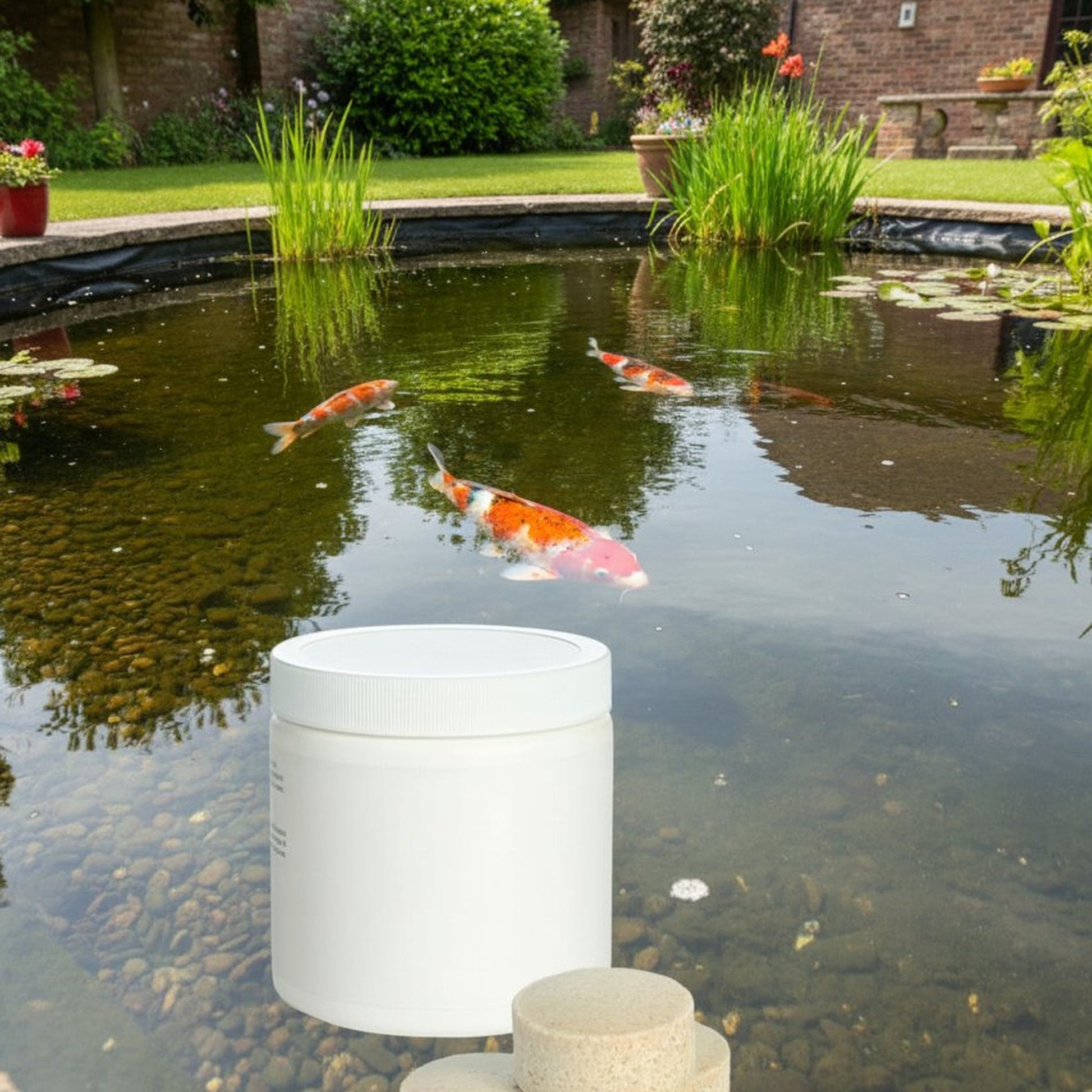 Pond sludge clearing tablets with clean koi pond UK garden