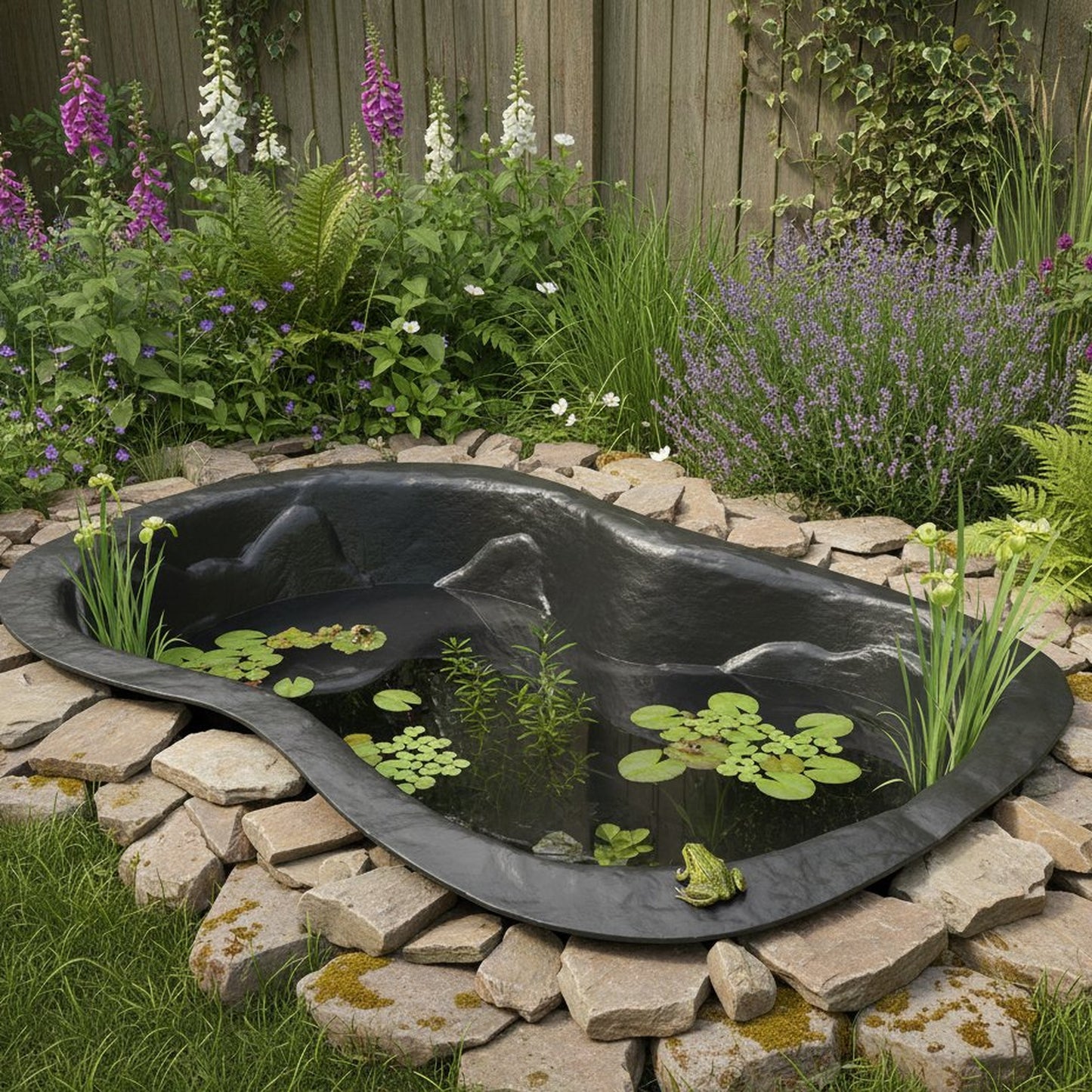 Pre-formed wildlife garden pond with frog and aquatic plants UK