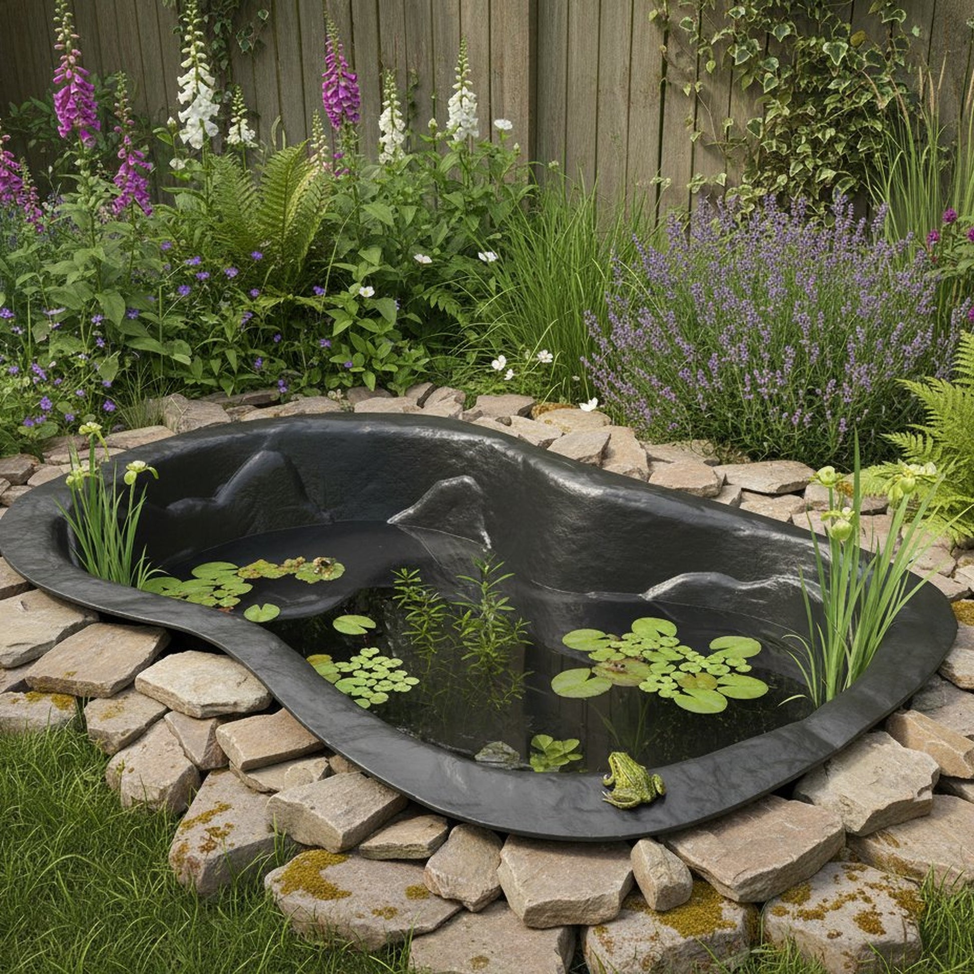 Pre-formed wildlife garden pond with frog and aquatic plants UK