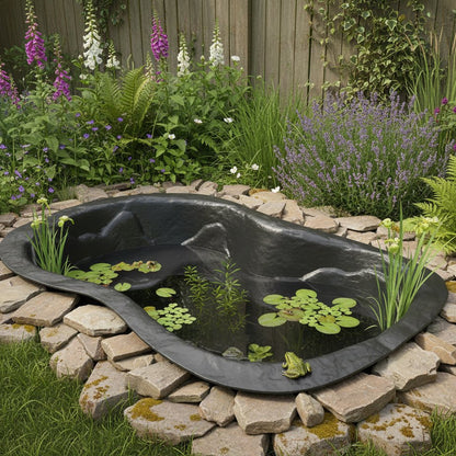 Pre-formed wildlife garden pond with frog and aquatic plants UK