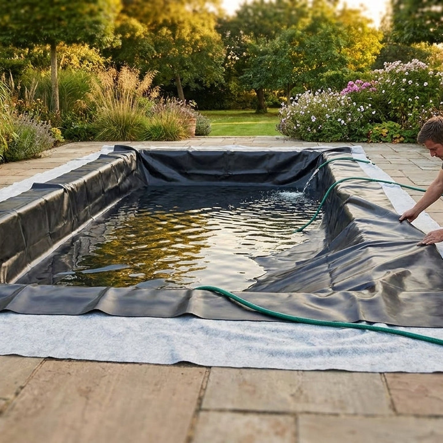Premium butyl pond liner and underlay bundle installed UK garden