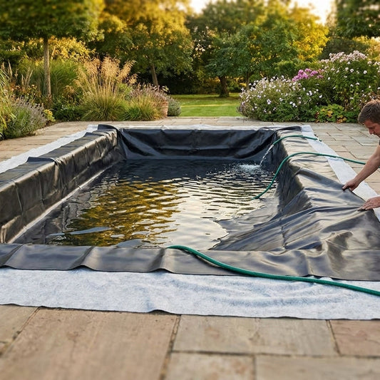 Premium butyl pond liner and underlay bundle installed UK garden