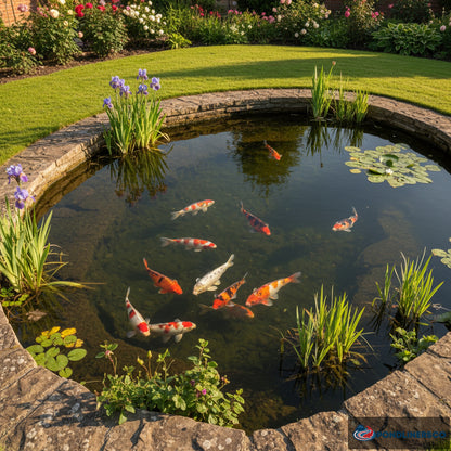 Crystal clear koi pond with healthy colourful fish maintained by ammonia remover