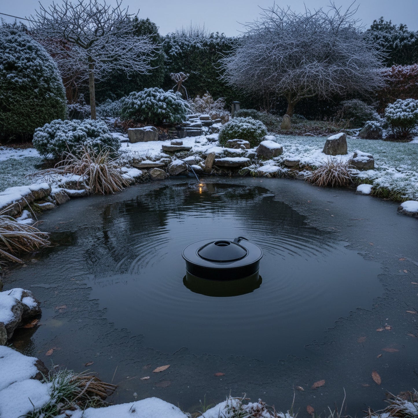Low wattage floating pond de-icer in garden pond winter setting