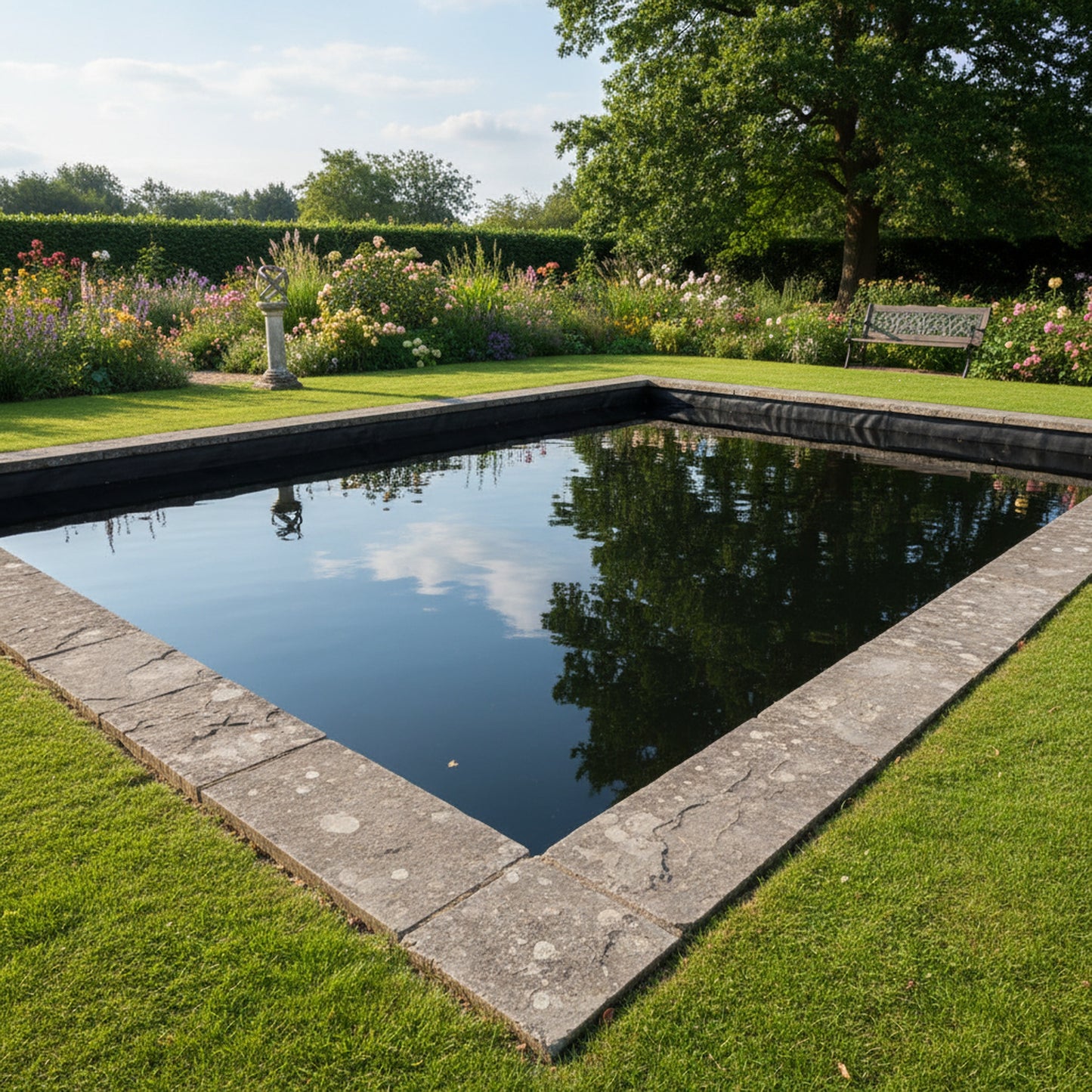 Formal garden pond with black HDPE liner and stone coping UK