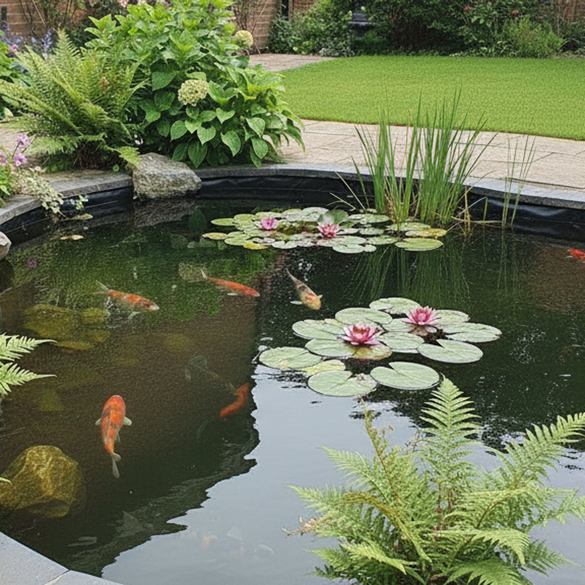 Pond leak repair sealant next to healthy koi pond