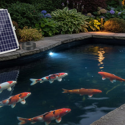Pond LED light kit beside a glowing UK koi pond at night – PondLiners Co