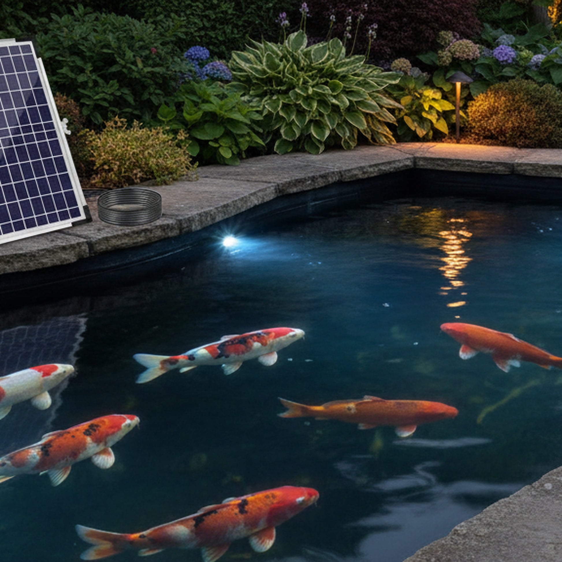 Pond LED light kit beside a glowing UK koi pond at night – PondLiners Co