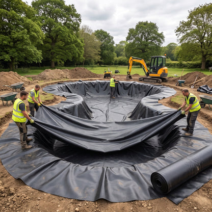 Landscaping crew spreading a large black EPDM rubber pond liner across a newly excavated wildlife pond on an estate