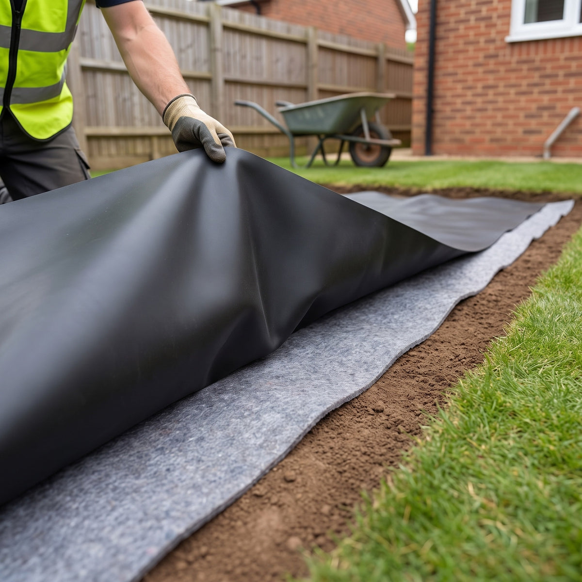 Black EPDM rubber pond liner lifted at the pond edge to show grey geotextile underlay beneath