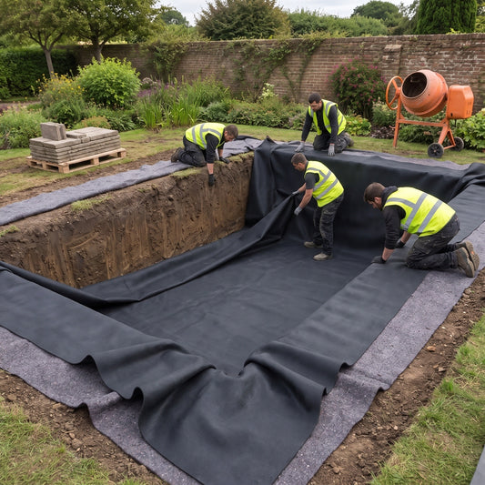 Contractors fitting heavy-duty black EPDM rubber liner over grey underlay in a deep rectangular koi pond excavation