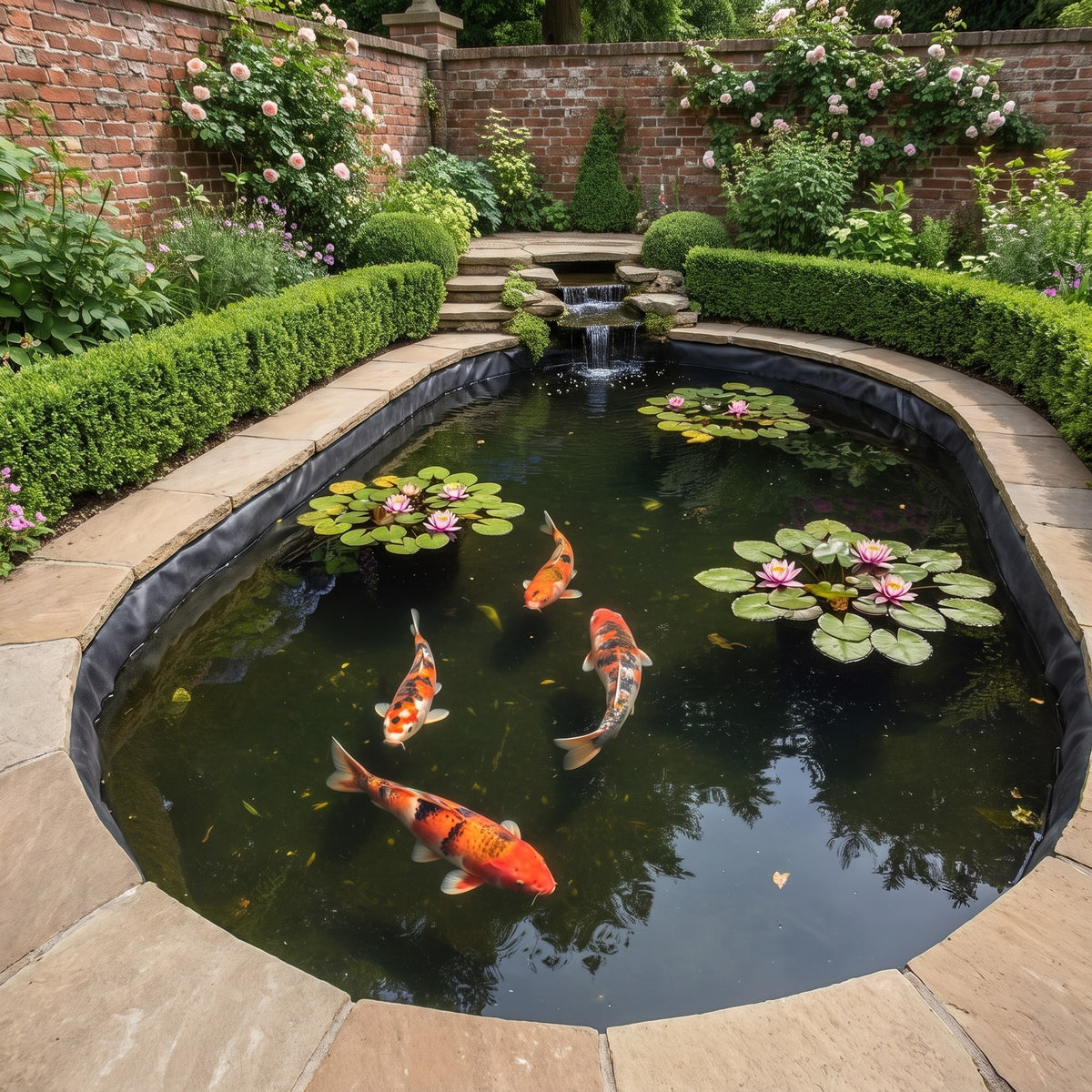 Finished formal koi pond with water lilies, black EPDM liner just visible beneath the stone coping