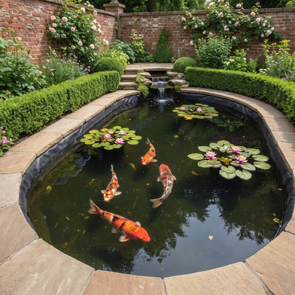 Finished formal koi pond with water lilies, black EPDM liner just visible beneath the stone coping