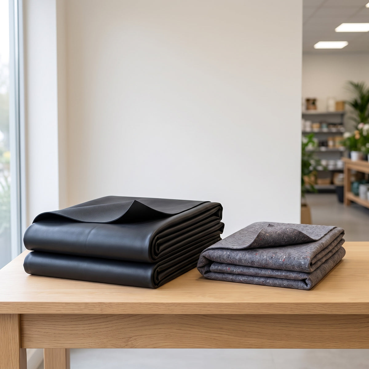 Folded black EPDM pond liner beside a folded stack of grey geotextile underlay on a wooden table