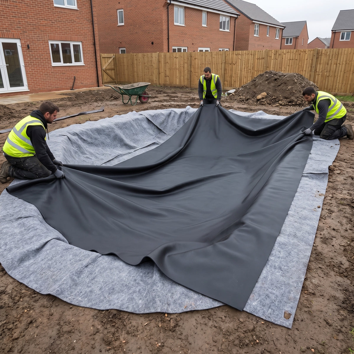 Contractors unfolding black EPDM pond liner over grey geotextile underlay in a new-build garden pond excavation
