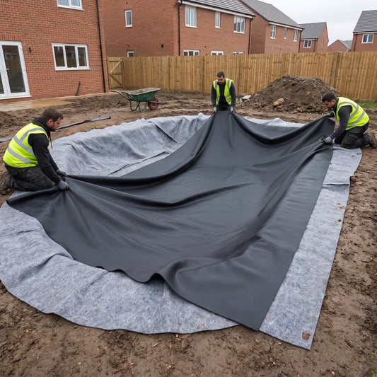 Contractors unfolding black EPDM pond liner over grey geotextile underlay in a new-build garden pond excavation