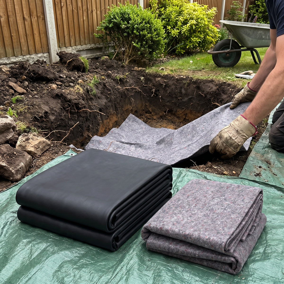 Folded black EPDM pond liner and folded grey geotextile underlay beside a freshly dug garden pond