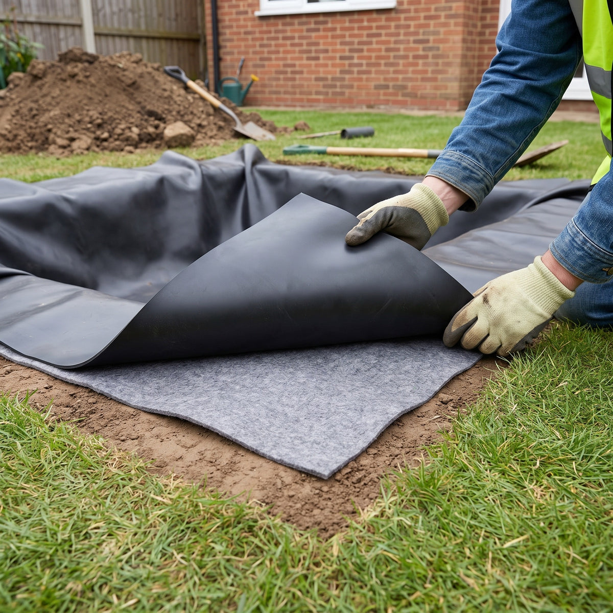 Black EPDM pond liner folded back to show the grey geotextile underlay laid beneath it at the pond rim