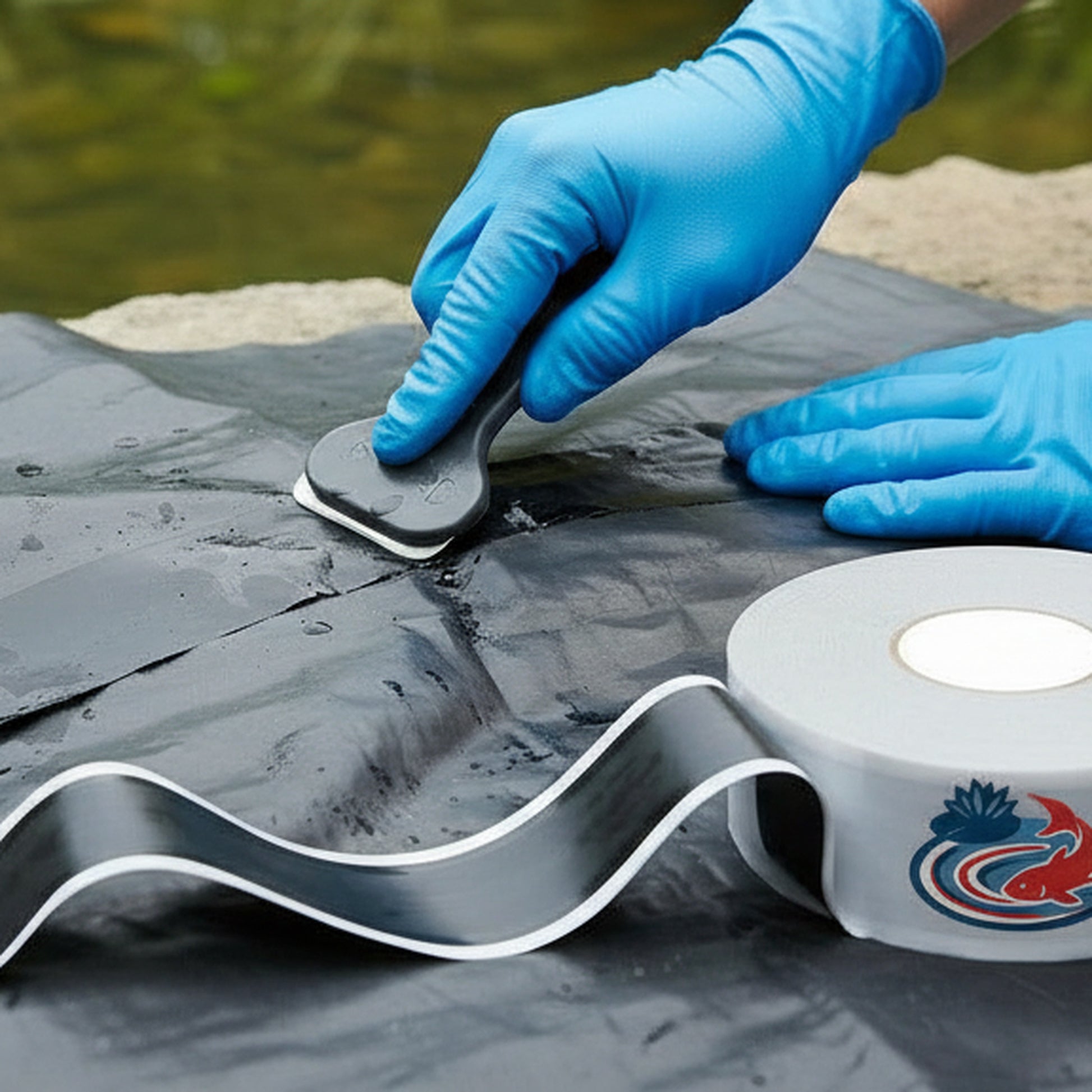 Pond liner repair using double-sided butyl tape
