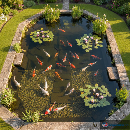 Spectacular clear koi pond with colourful fish at golden hour