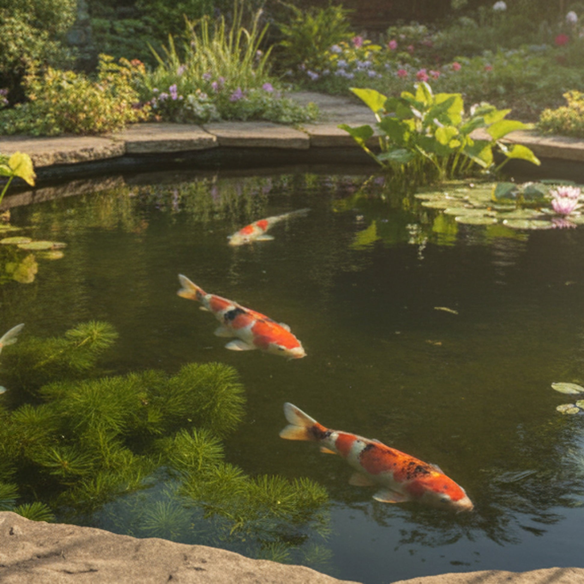 Lush oxygenating plants growing in a beautiful UK garden koi pond – PondLiners Co