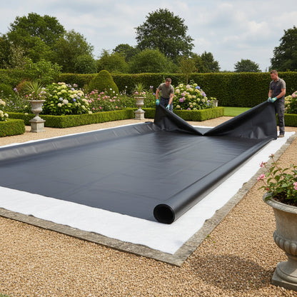 HDPE pond liner installation with free geotextile underlay in formal UK garden pond