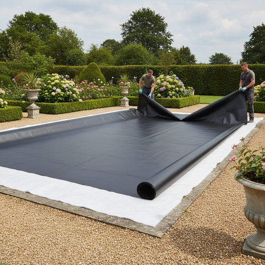 HDPE pond liner installation with free geotextile underlay in formal UK garden pond