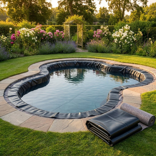 Butyl pond liner complete kit installed in beautiful garden pond