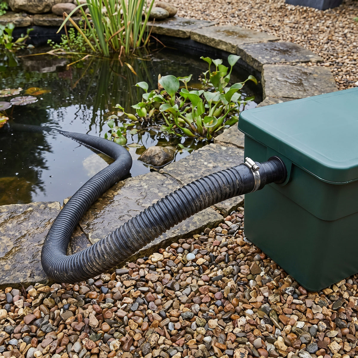 Black flexible pond hose running from a garden pond to a pond filter, secured to the filter inlet with a hose clip