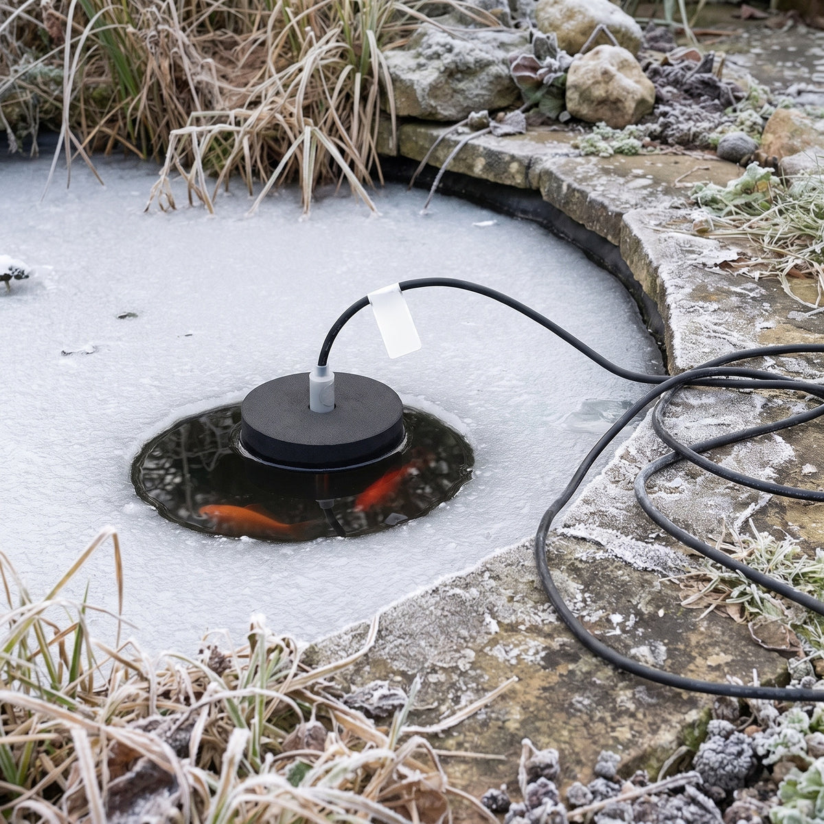 Floating pond heater de-icer holding an ice-free hole open in a frozen garden pond with goldfish below