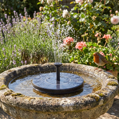 Floating solar fountain in a stone bird bath with a robin perched on the rim