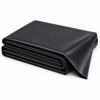Neatly folded black 0.35mm HDPE pond liner sheet with one corner unfolded on a white background
