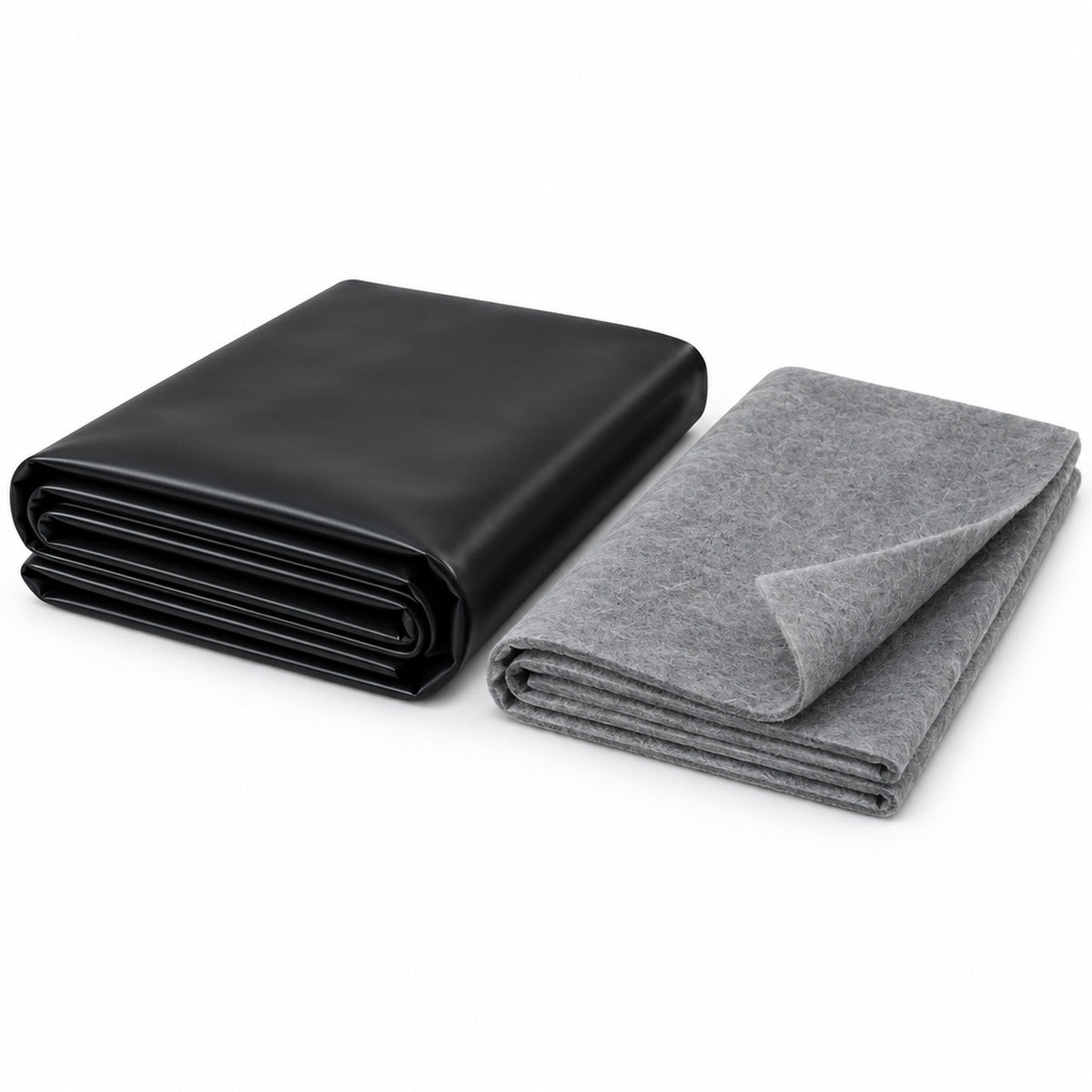 Folded black HDPE pond liner next to a folded sheet of grey geotextile underlay fleece on a white background