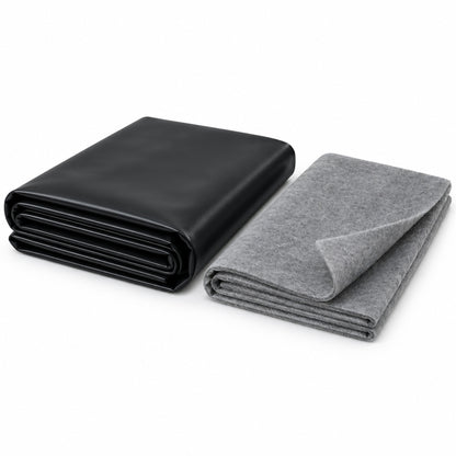 Folded black HDPE pond liner next to a folded sheet of grey geotextile underlay fleece on a white background