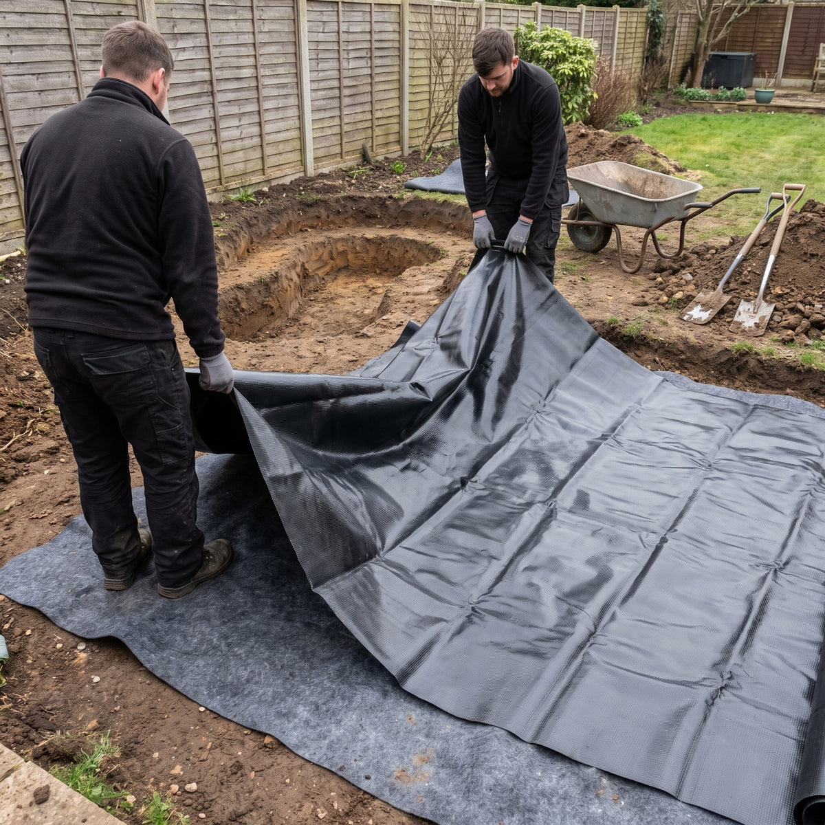 Landscape contractors laying a black HDPE pond liner over grey underlay in a new garden pond excavation