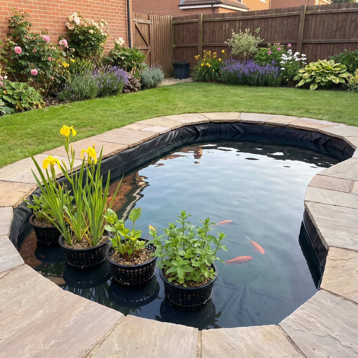 Finished garden pond lined with black HDPE liner, stone edging, marginal plants and goldfish