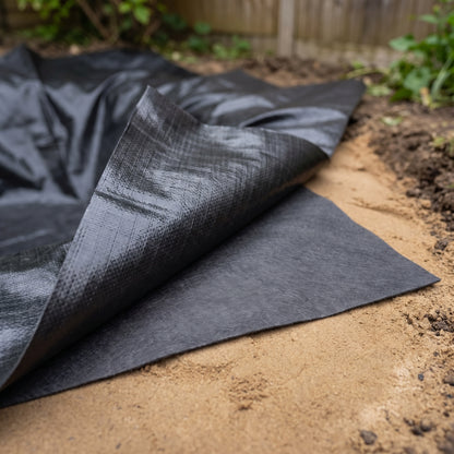 Close-up of black HDPE pond liner folded back over grey felt underlay on a sand base