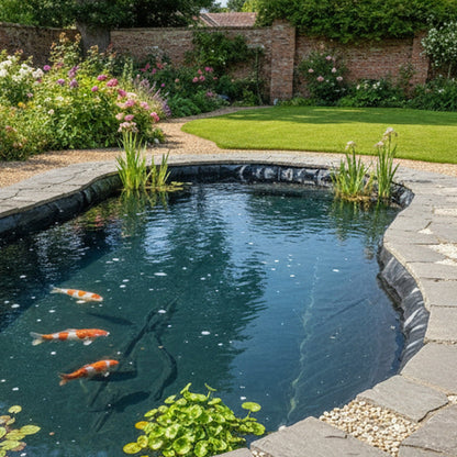 Finished kidney-shaped koi pond lined in black HDPE with stone paving edge in a walled English garden