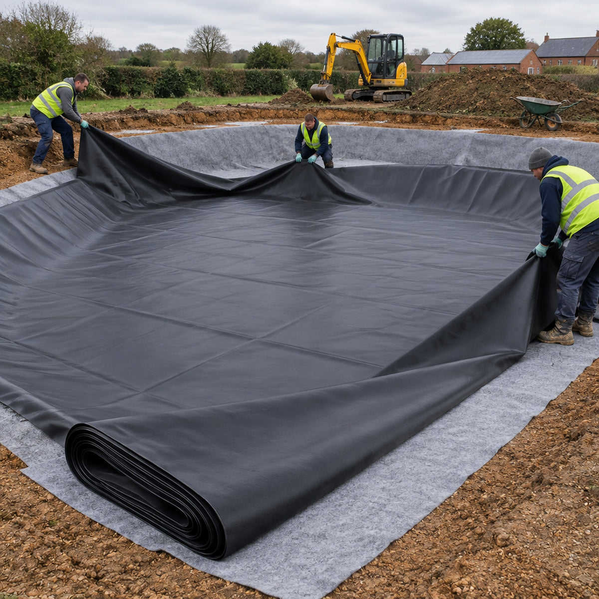 Landscaping crew unrolling black HDPE pond liner over grey geotextile underlay in a large excavated pond on a building site