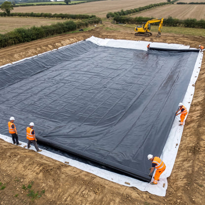 Groundworkers rolling out a large black LDPE liner over white underlay across a farm lake basin
