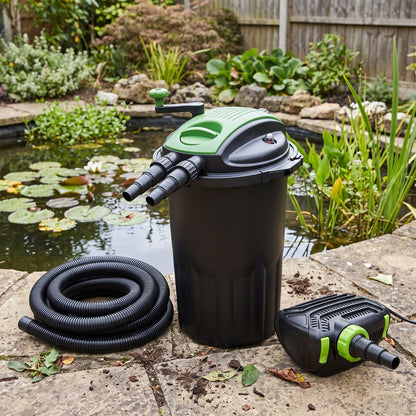 Large pond filter with green domed lid, submersible pump and coiled hose on a patio beside a garden pond (15000L and 20000L sets)