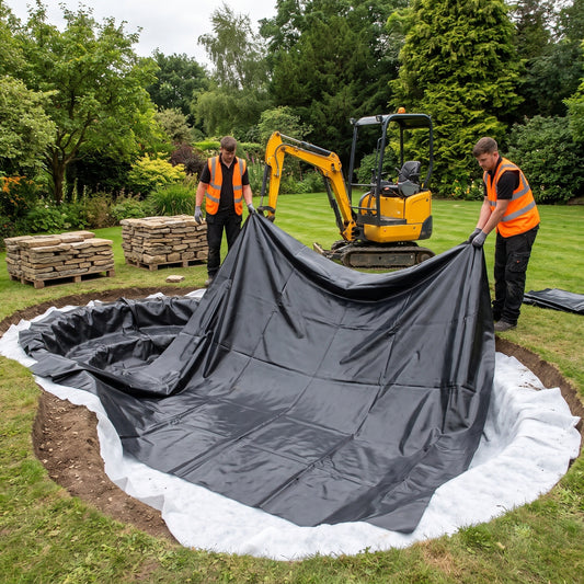 Landscape contractors laying a black LDPE pond liner over white underlay in a new garden pond