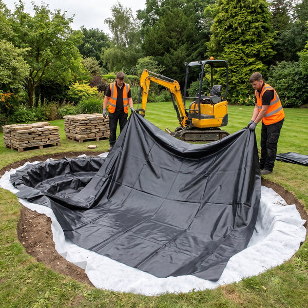 Landscape contractors laying a black LDPE pond liner over white underlay in a new garden pond