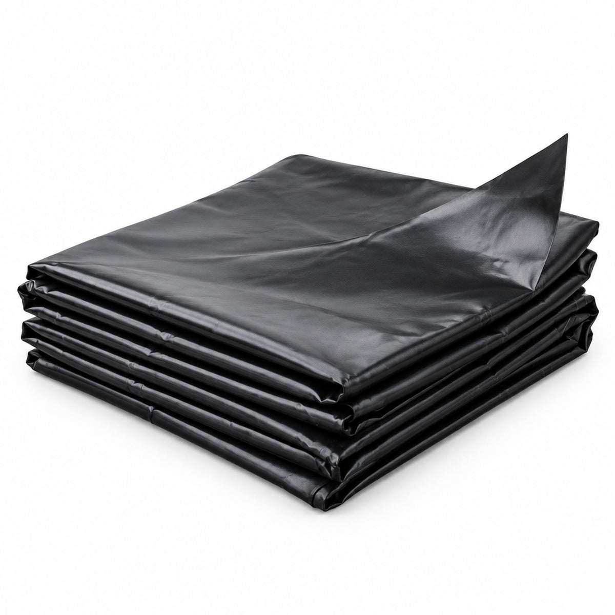 Folded black 3-ply LDPE pond liner sheet on a white background