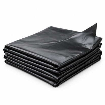 Folded black 3-ply LDPE pond liner sheet on a white background