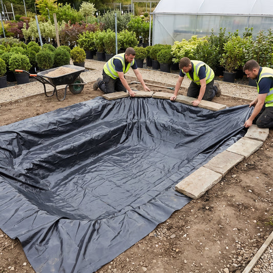 Landscaping team fitting a thin black LDPE pond liner into a display pond at a garden centre and laying stone edging