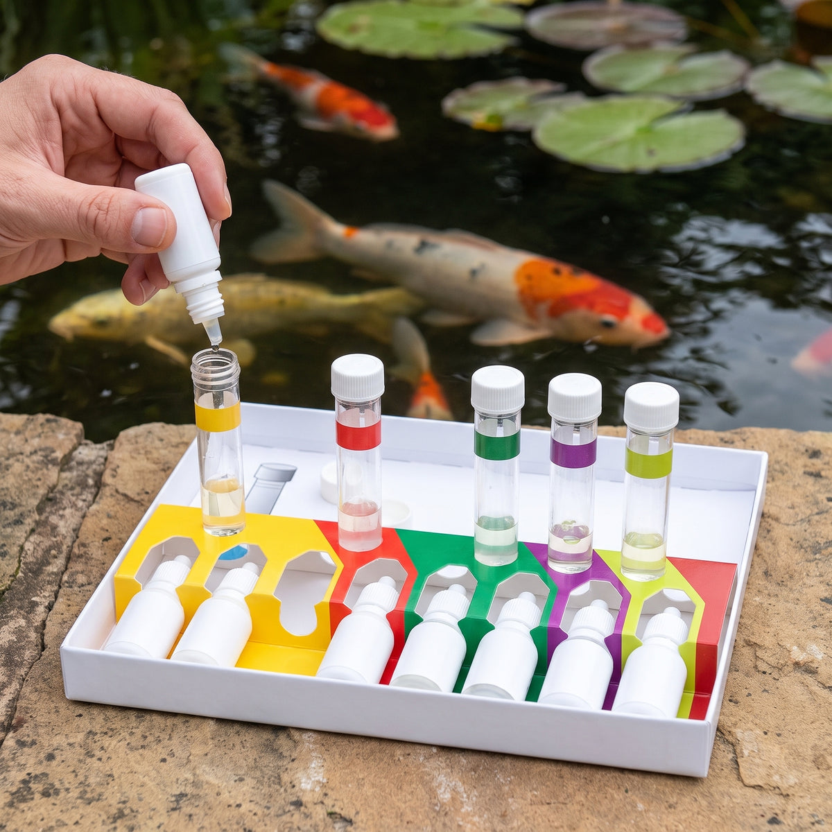 Liquid pond water test kit open on a stone slab beside a koi pond, hand adding a reagent drop into a colour-banded test tube